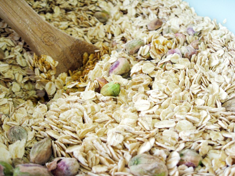 Stir in 6 cups of oats and the pistachios