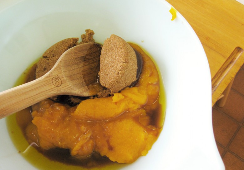 Start by stirring together the pumpkin, olive oil, vanilla and brown sugar