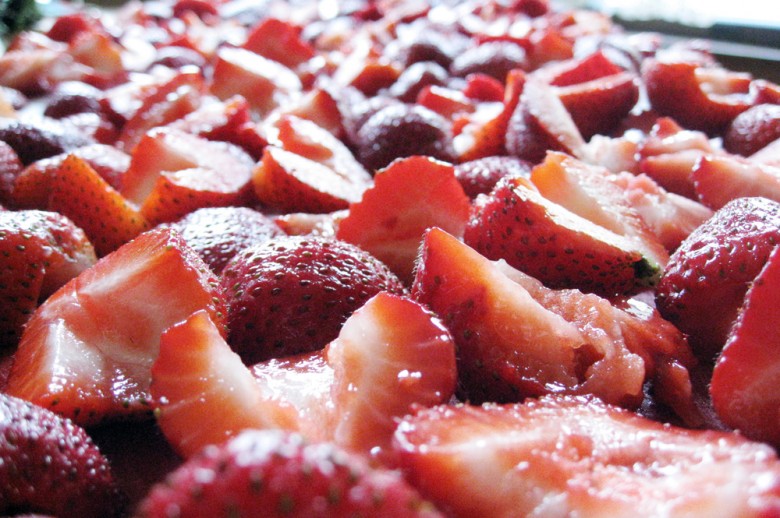 Strawberries ready to be flash frozen